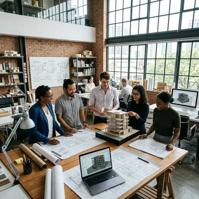 OneSpace Architecture team collaborating in the studio