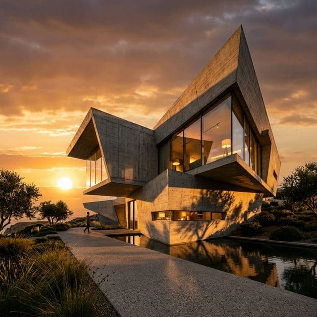 Modern architectural masterpiece at golden hour